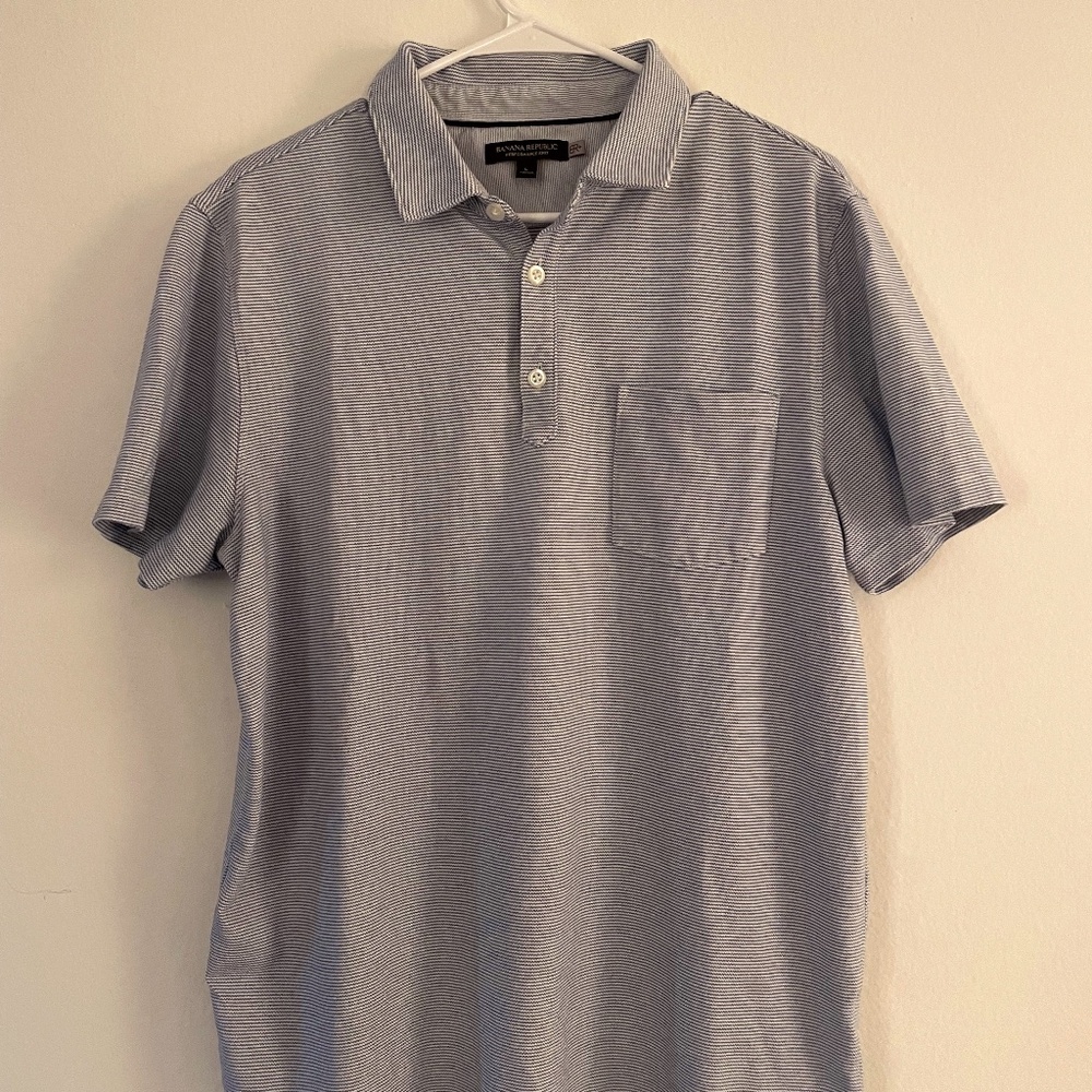 Banana Republic Large Blue & White Striped Performance Polo Shirt